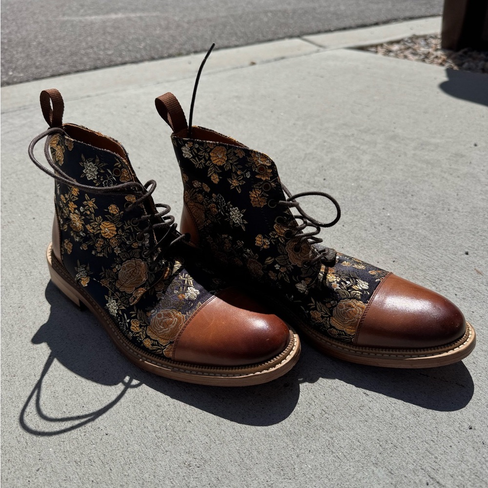 Taft Brown and Black Combat Boots with Brocade Pattern